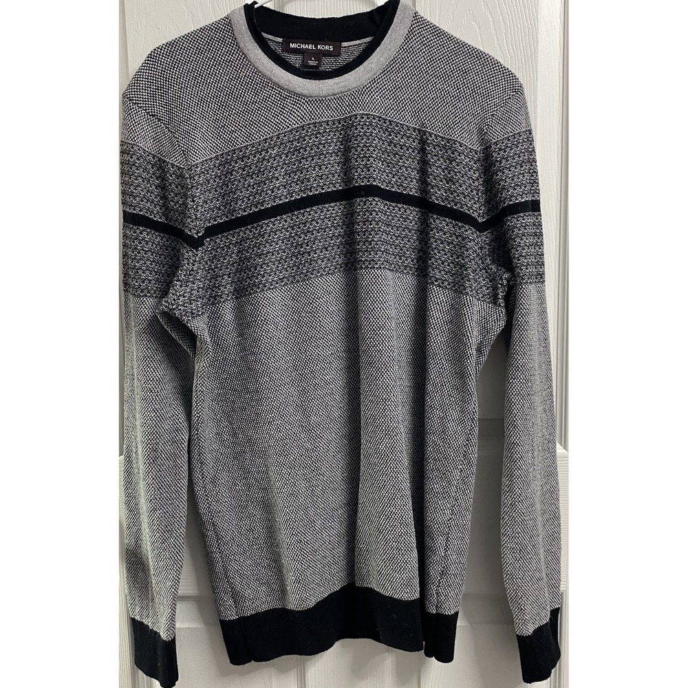 Michael Kors Mens Black& White Striped Gray Wool Pullover Knit Sweater Sz.L‎